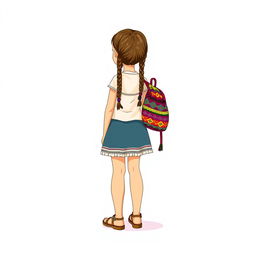 Illustration of a young girl standing in a full body view, wearing sandals, with two braids, facing forward