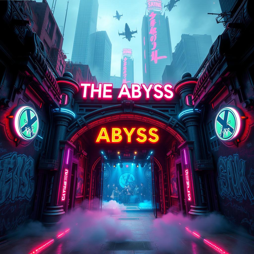 An underground concert venue entrance named 'The Abyss', depicted from the outside in a vibrant cyberpunk style