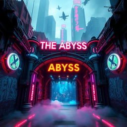 An underground concert venue entrance named 'The Abyss', depicted from the outside in a vibrant cyberpunk style