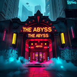 An underground concert venue entrance named 'The Abyss', depicted from the outside in a vibrant cyberpunk style