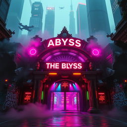 An underground concert venue entrance named 'The Abyss', depicted from the outside in a vibrant cyberpunk style