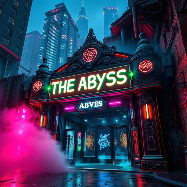 An underground concert venue entrance named 'The Abyss', depicted from the outside in a vibrant cyberpunk style