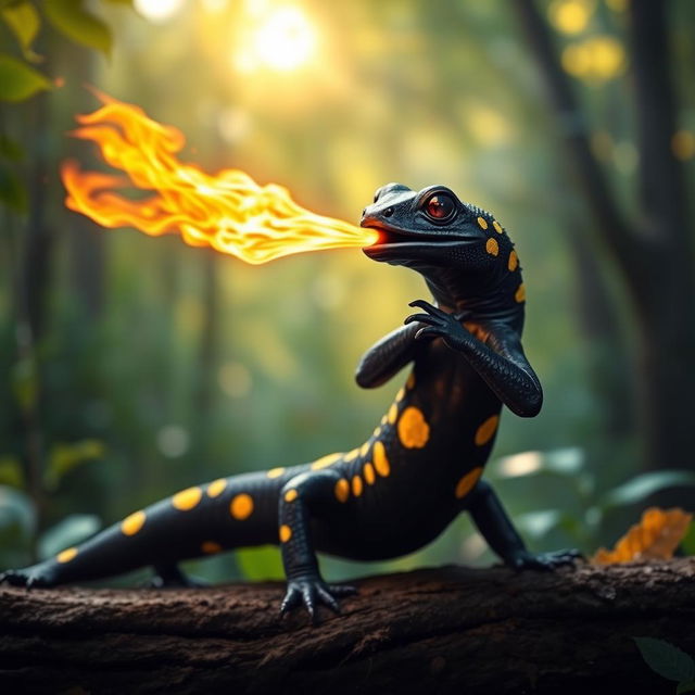 A striking black fire salamander adorned with vibrant yellow spots, expertly spitting a fireball from a blowpipe