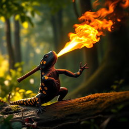 A striking black fire salamander adorned with vibrant yellow spots, expertly spitting a fireball from a blowpipe