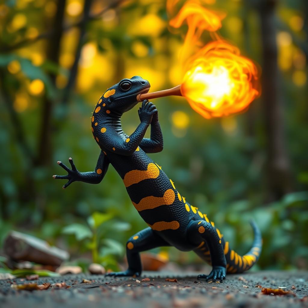 A striking black fire salamander adorned with vibrant yellow spots, expertly spitting a fireball from a blowpipe