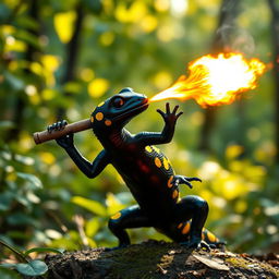 A striking black fire salamander adorned with vibrant yellow spots, expertly spitting a fireball from a blowpipe