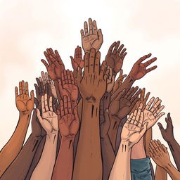 A dramatic depiction of many hands reaching out simultaneously in various directions