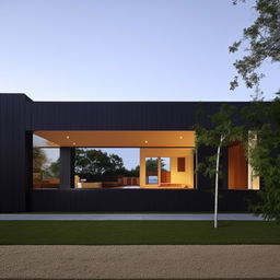 A modern house with black exterior walls and teak wood accents, displaying clean lines, minimalist design, and expansive windows.