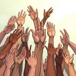 A dramatic depiction of many hands reaching out simultaneously in various directions