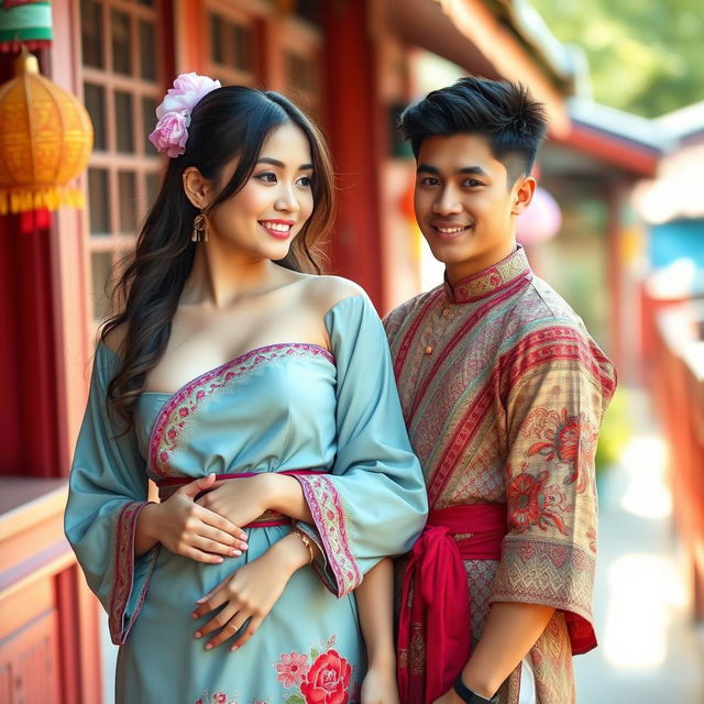 A captivating scene featuring a stunning Asian girl with a curvy figure, showcasing a blend of Asian and European heritage, dressed in traditional Thai clothing that is slightly revealing, emphasizing her allure