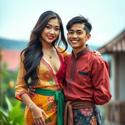 A captivating scene featuring a stunning Asian girl with a curvy figure, showcasing a blend of Asian and European heritage, dressed in traditional Thai clothing that is slightly revealing, emphasizing her allure