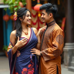 A captivating scene featuring a stunning Asian girl with a curvy figure, showcasing a blend of Asian and European heritage, dressed in traditional Thai clothing that is slightly revealing, emphasizing her allure