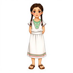 Illustration of a young girl standing facing forward with a realistic face, in a full body view, wearing sandals and having two braids