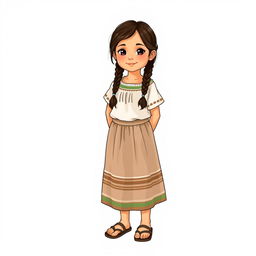 Illustration of a young girl standing facing forward with a realistic face, in a full body view, wearing sandals and having two braids