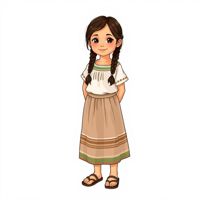 Illustration of a young girl standing facing forward with a realistic face, in a full body view, wearing sandals and having two braids