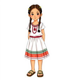 Illustration of a young girl standing facing forward with a realistic face, in a full body view, wearing sandals and having two braids
