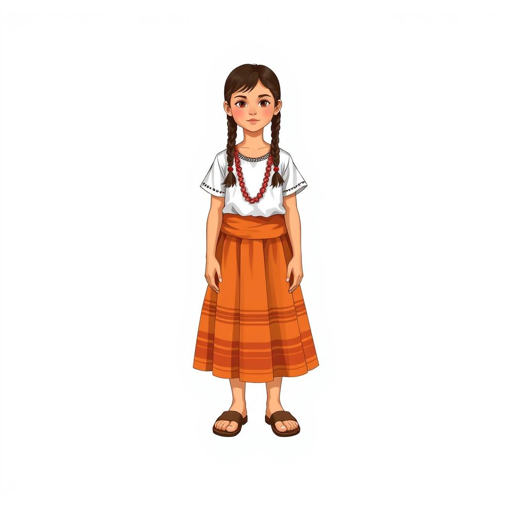 Illustration of a young girl standing facing forward with a realistic face, in a full body view, wearing sandals and having two braids