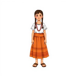 Illustration of a young girl standing facing forward with a realistic face, in a full body view, wearing sandals and having two braids