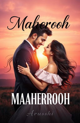 A captivating book cover for 'Maaherooh' featuring a passionate couple in an embrace, showcasing their deep connection