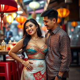 A captivating image featuring a stunning Asian girl with a curvy figure, showcasing a blend of Asian and European heritage, wearing traditional Thai clothing that is elegantly revealing, emphasizing her allure