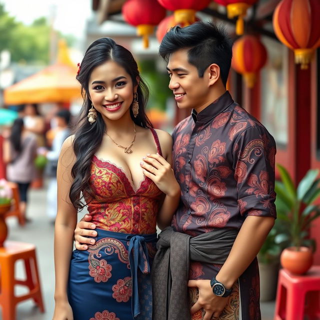 A captivating image featuring a stunning Asian girl with a curvy figure, showcasing a blend of Asian and European heritage, wearing traditional Thai clothing that is elegantly revealing, emphasizing her allure