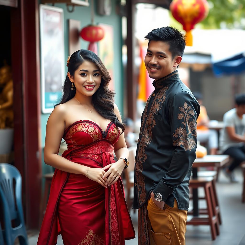 A captivating image featuring a stunning Asian girl with a curvy figure, showcasing a blend of Asian and European heritage, wearing traditional Thai clothing that is elegantly revealing, emphasizing her allure