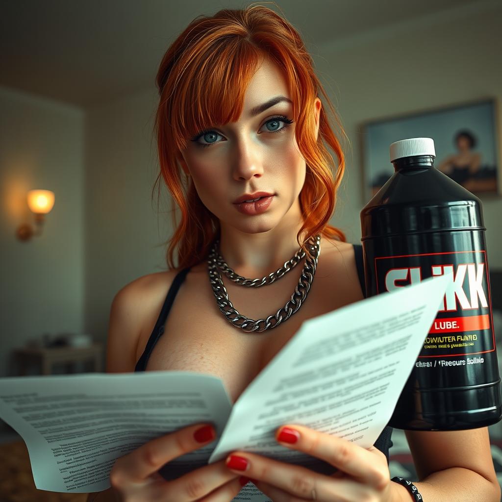 A close-up shot of a sexy female redhead with a large chest and noticeable cleavage, wearing a tank top adorned with punk chains