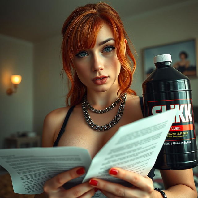 A close-up shot of a sexy female redhead with a large chest and noticeable cleavage, wearing a tank top adorned with punk chains