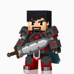 Guts from the anime Berserk, depicted in the blocky, pixelated style of Minecraft, showcasing his iconic armor and sword, with a detailed expression depicting determination, set against a transparent background