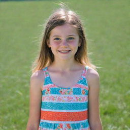 A portrait of a young girl with sparkling eyes and a shy smile, dressed in a colorful sundress, standing against a backdrop of green fields under a clear blue sky.