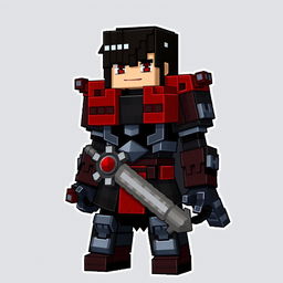 Guts from the anime Berserk, depicted in the blocky, pixelated style of Minecraft, showcasing his iconic armor and sword, with a detailed expression depicting determination, set against a transparent background