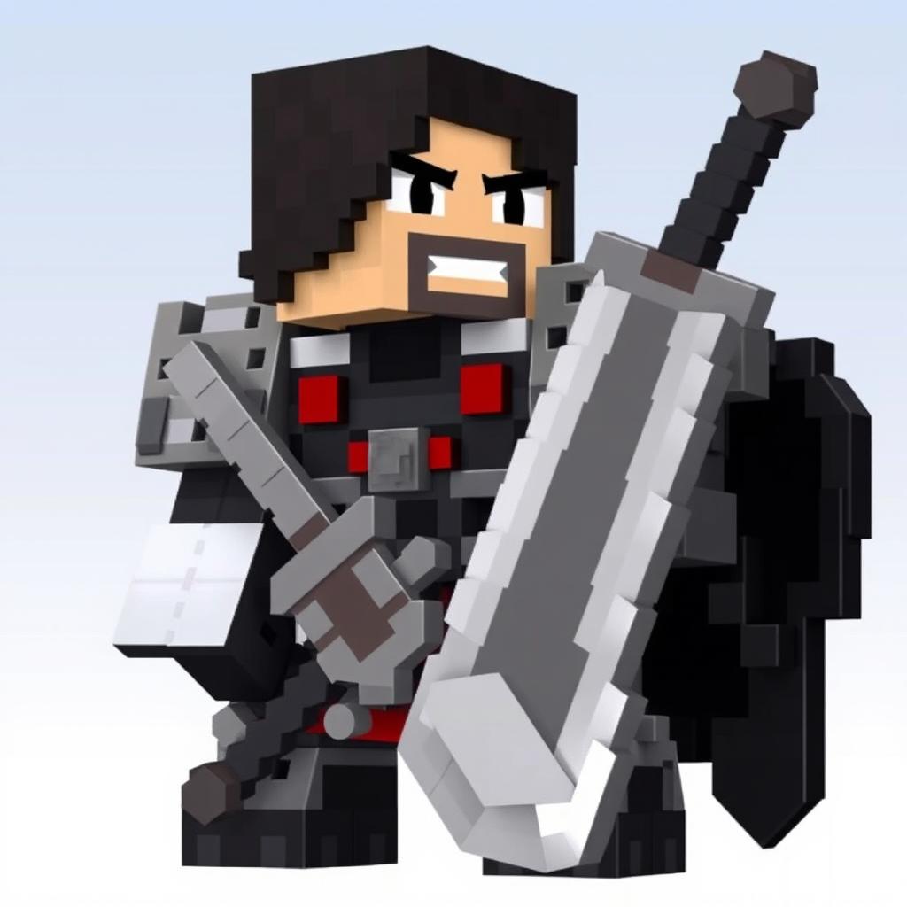 Guts from the anime Berserk, depicted in the blocky, pixelated style of Minecraft, showcasing his iconic armor and sword, with a detailed expression depicting determination, set against a transparent background