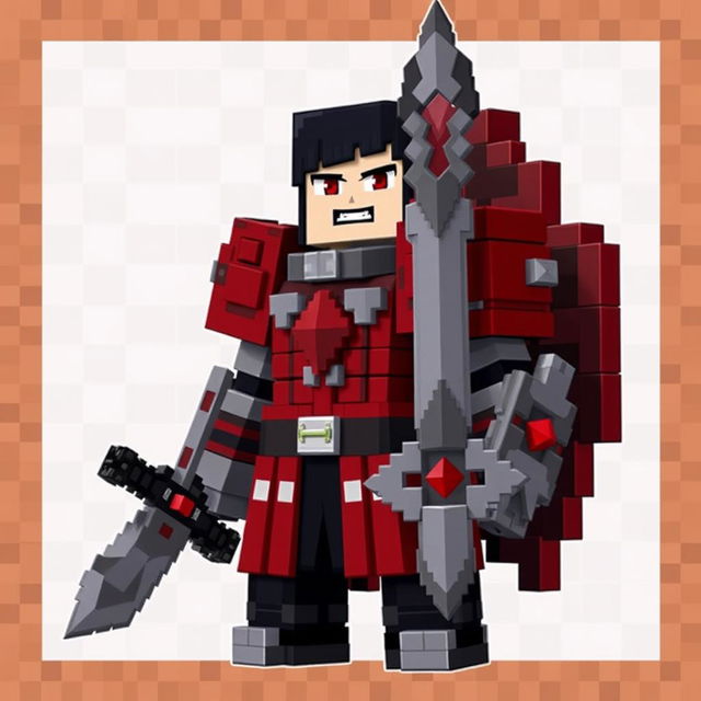 Guts from the anime Berserk, depicted in the blocky, pixelated style of Minecraft, showcasing his iconic armor and sword, with a detailed expression depicting determination, set against a transparent background