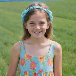 A portrait of a young girl with sparkling eyes and a shy smile, dressed in a colorful sundress, standing against a backdrop of green fields under a clear blue sky.