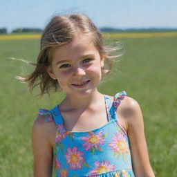 A portrait of a young girl with sparkling eyes and a shy smile, dressed in a colorful sundress, standing against a backdrop of green fields under a clear blue sky.