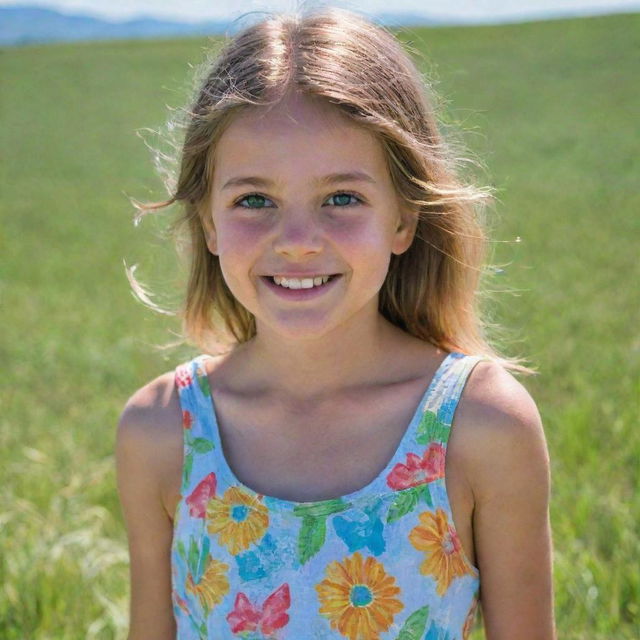 A portrait of a young girl with sparkling eyes and a shy smile, dressed in a colorful sundress, standing against a backdrop of green fields under a clear blue sky.