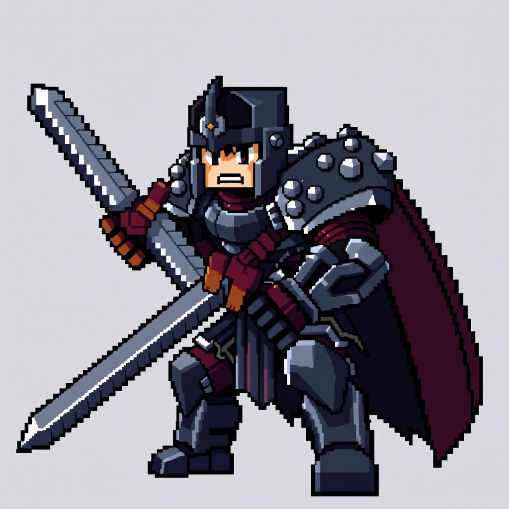 Pixel art of Guts in Berserker armor from the anime Berserk, styled like Minecraft with blocky graphics and a transparent background