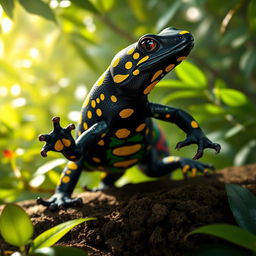 A fierce black fire salamander with vibrant yellow spots, uniquely adorned with intricate war paint in various vivid colors across its body