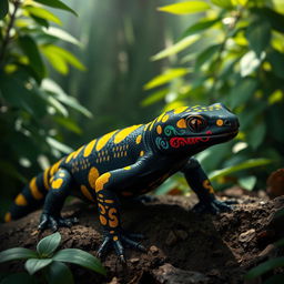 A fierce black fire salamander with vibrant yellow spots, uniquely adorned with intricate war paint in various vivid colors across its body