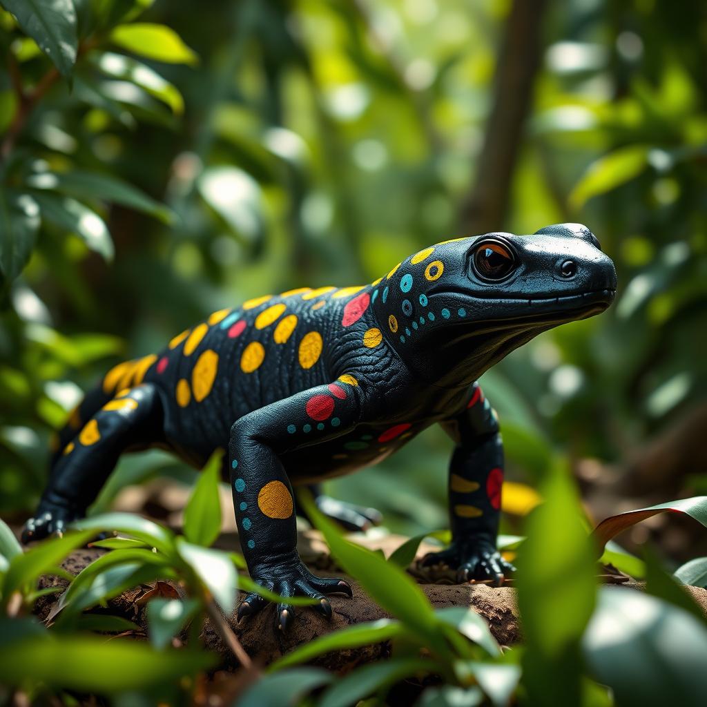 A fierce black fire salamander with vibrant yellow spots, uniquely adorned with intricate war paint in various vivid colors across its body