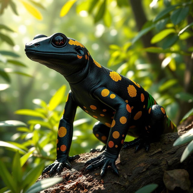 A fierce black fire salamander with vibrant yellow spots, uniquely adorned with intricate war paint in various vivid colors across its body