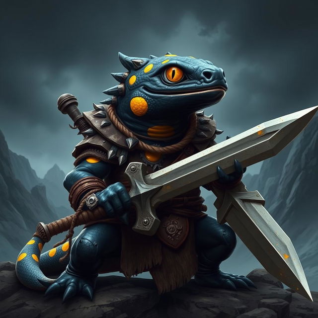 A powerful black fire salamander with bright yellow spots, depicted as a fierce barbarian warrior