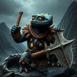 A powerful black fire salamander with bright yellow spots, depicted as a fierce barbarian warrior