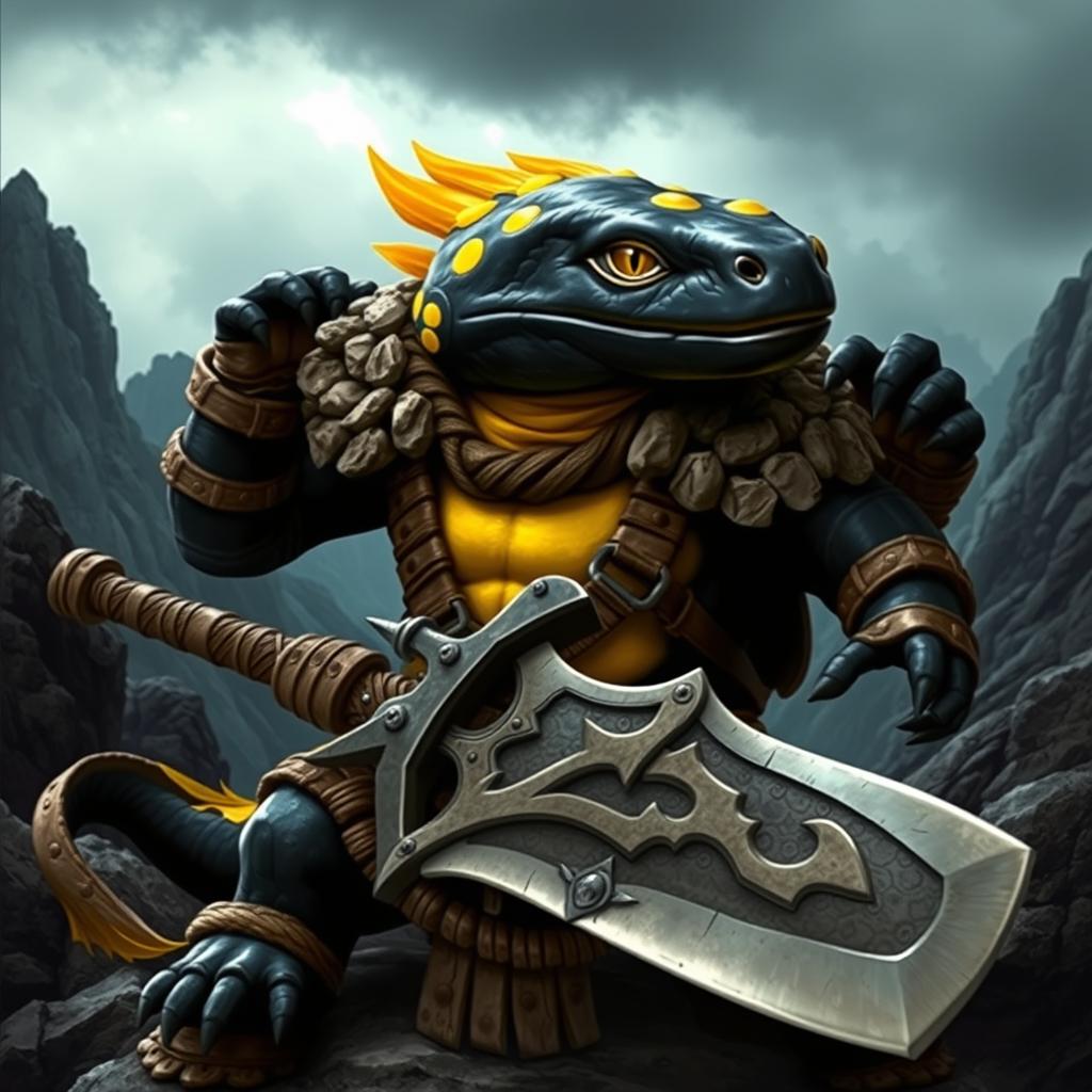 A powerful black fire salamander with bright yellow spots, depicted as a fierce barbarian warrior