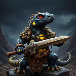 A powerful black fire salamander with bright yellow spots, depicted as a fierce barbarian warrior