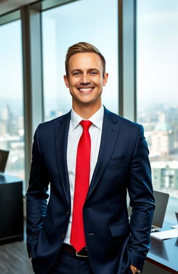 A confident businessman standing in a modern office environment, wearing a tailored navy blue suit with a crisp white shirt and a vibrant red tie