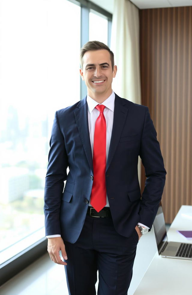 A confident businessman standing in a modern office environment, wearing a tailored navy blue suit with a crisp white shirt and a vibrant red tie