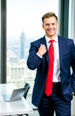 A confident businessman standing in a modern office environment, wearing a tailored navy blue suit with a crisp white shirt and a vibrant red tie