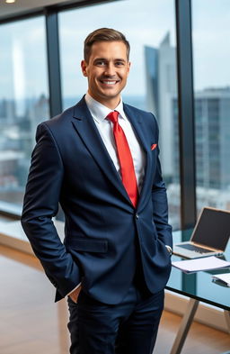 A confident businessman standing in a modern office environment, wearing a tailored navy blue suit with a crisp white shirt and a vibrant red tie