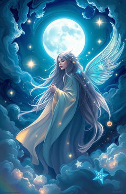 A vibrant and mystical digital painting inspired by the theme of "Maaherooh" by Arushi Wadhwa, featuring a celestial figure in flowing, luminous robes surrounded by swirling clouds and twinkling stars